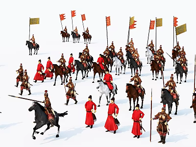 Ancient Military Scene with Soldiers Cavalrymen Flags Red Brown Costumes Horseback and Foot Weapons 3d model
