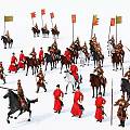 Ancient Military Scene with Soldiers Cavalrymen Flags Red Brown Costumes Horseback and Foot Weapons