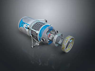 Transparent Blue Cylindrical Mechanical Device With Gear Components And Metal Structure 3d model