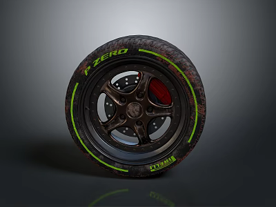 P ZERO Tire Featuring Green Accent Lines Metallic Wheel Rim and Red Brake Caliper 3d model