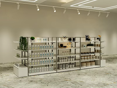 Clothing Store Display With White Shelves Products Green Plant Decor Ceiling Spotlights And Marble Floor 3d model