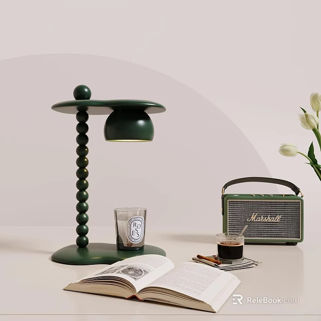 Modern Green Table Lamp With Beaded Column Design And Vintage Radio On Desk 3d model 