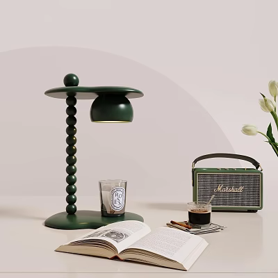Modern Green Table Lamp With Beaded Column Design And Vintage Radio On Desk 3d model