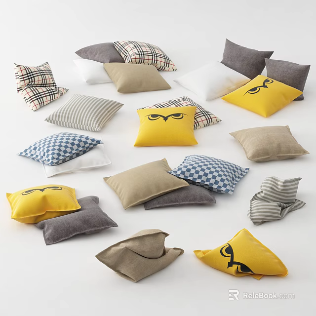 Colorful Decorative Throw Pillows With Striped Plaid Gray Beige And Yellow Eye Patterns 3d model 