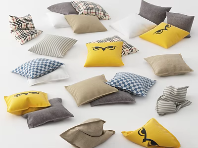 Colorful Decorative Throw Pillows With Striped Plaid Gray Beige And Yellow Eye Patterns 3d model