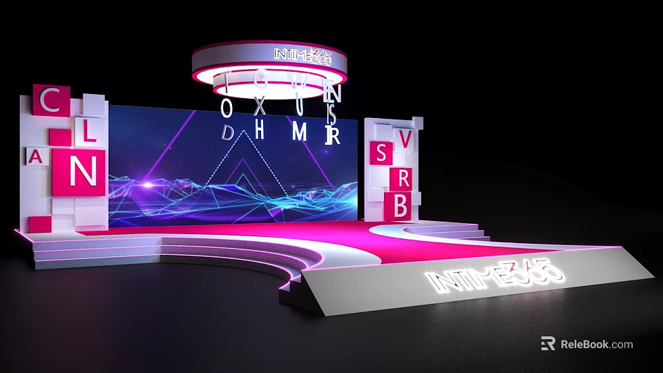 Modern Stage Design With Neon Lighting Letters And Geometric Shapes 3d model 