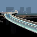 Modern Curved Landscape Bridge With Illuminated Design White Piers Green Lawn And High Rise Buildings