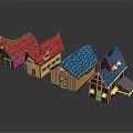 Cartoon Scene Featuring Multiple Colorful Wooden Houses Red Blue Roofs And Windows
