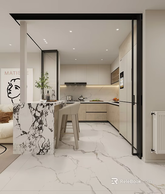 Modern Kitchen Interior Design With Marble Counter Bar Stools Light Cabinets And Green Plant 3d model 