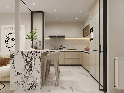 Modern Kitchen Interior Design With Marble Counter Bar Stools Light Cabinets And Green Plant 3d model