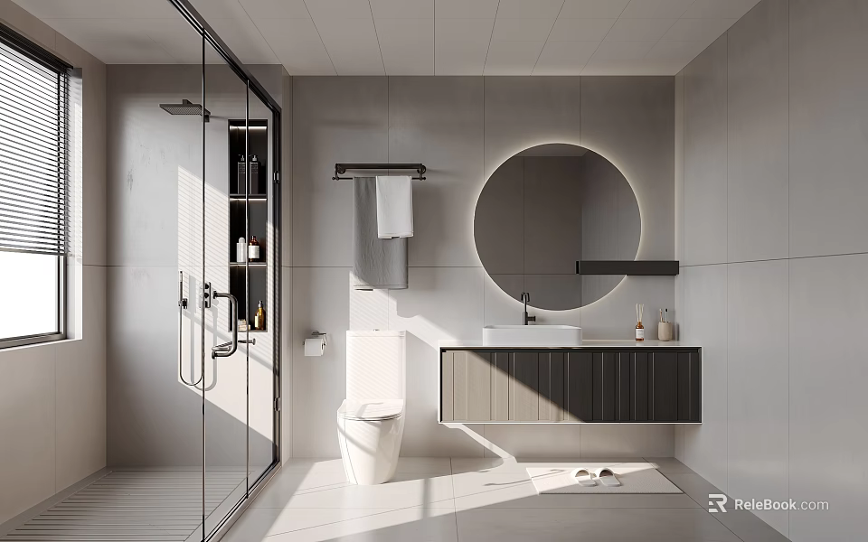 Modern Bathroom Interior With Glass Shower Enclosure Round Mirror Gray Walls White Toilet And Vanity 3d model 