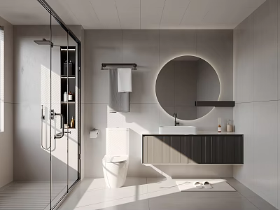 Modern Bathroom Interior With Glass Shower Enclosure Round Mirror Gray Walls White Toilet And Vanity 3d model