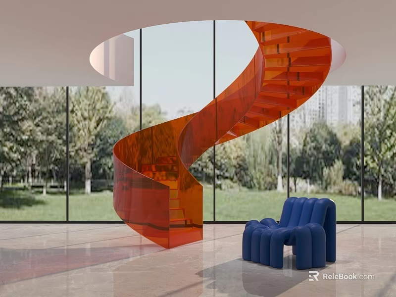 Orange Spiral Staircase in Modern Interior With Large Windows Green Landscape And Blue Chair 3d model 