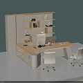 Modern Light Wood Office Desk With White Chairs Laptop And Storage Cabinet On Teal Wall