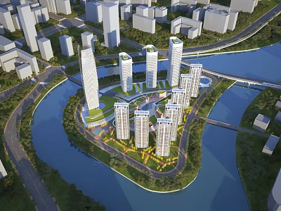 Aerial Urban Planning View Featuring High Rise Buildings River Green Spaces and Road Layout 3d model