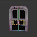 Futuristic Sci Fi Metal Door With Blue Stripes Yellow Black Warnings And Red Button