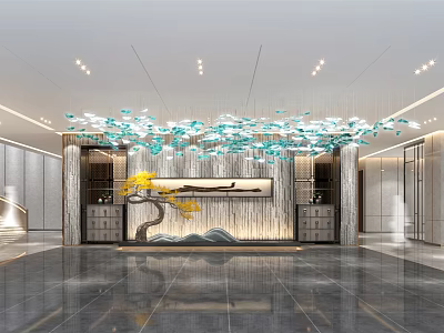 Luxurious Hotel Lobby Interior With Crystal Chandelier Reception Desk And Marble Floor 3d model