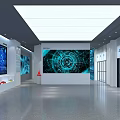 Digital Art Exhibition Space With Circular Floor Blue Wave Patterns And Ambient Lighting 3d model