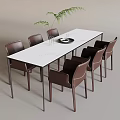 Rectangular White Dining Table Set With Brown Chairs Green Plant And Black Plate 3d model