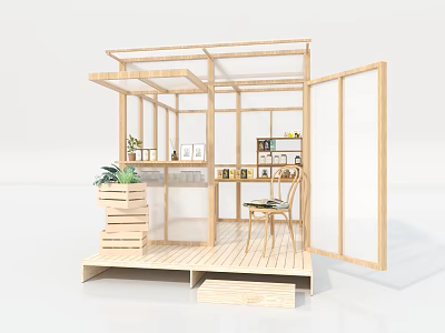 Minimalist Wooden Pavilion With Glass Panels Shelves Table Chair And Indoor Plants 3d model
