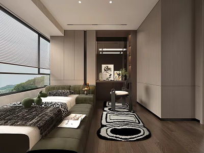 Modern Kids Room Interior Design With Large Windows Gray Green Bed Wooden Shelf And Rug 3d model