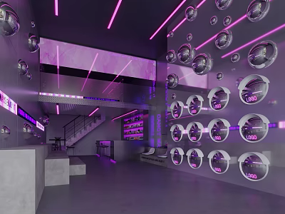 Futuristic Modern Clothing Store Interior With Purple Lighting And Circular Decorations 3d model