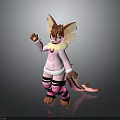 Anthropomorphic Creature Character With Fox Like Ears Pink Outfit Striped Pants And Waving Hand