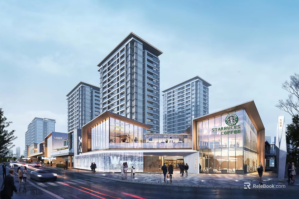 Modern Commercial Street With High Rise Buildings Glass Facade Design Shops Pedestrians And Street Traffic 3d model 