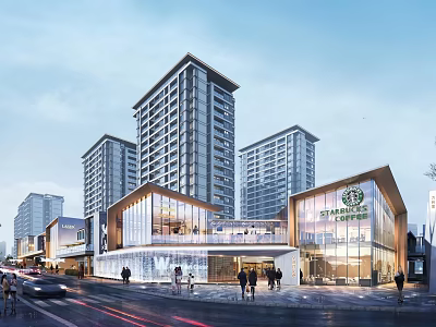 Modern Commercial Street With High Rise Buildings Glass Facade Design Shops Pedestrians And Street Traffic 3d model