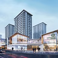 Modern Commercial Street With High Rise Buildings Glass Facade Design Shops Pedestrians And Street Traffic