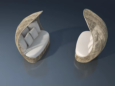 Rattan Egg Shaped Sofa With White Cushions On Dark Blue Background 3d model