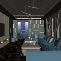 Luxurious Modern KTV Interior Design With Blue Sofa Coffee Tables TV And Lighting Decorations