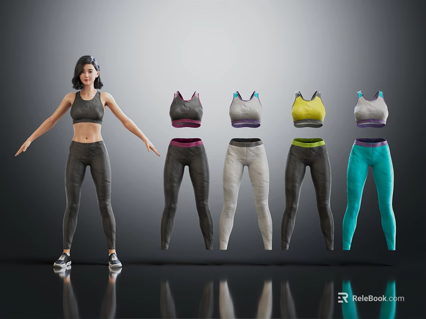 Woman Displaying Activewear Collection With Different Colorful Tank Tops And Leggings 3d model 