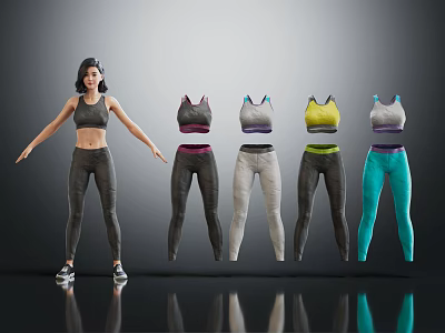 Woman Displaying Activewear Collection With Different Colorful Tank Tops And Leggings 3d model