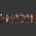 Multiple Red Colored Characters In Various Costumes Standing In A Row With Reflections