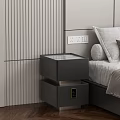 Blue Modern Bedside Table With Open Drawer And Wooden Interior In Bedroom