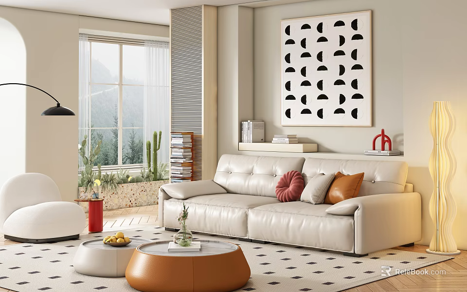 Modern Living Room Interior With White Leather Sofa Red Orange Cushions And Black Geometric Painting 3d model 