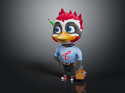 Cartoon Red Crested Bird In Blue Shirt With C Logo Tool Bag And Colored Pencil 3d model