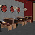 Traditional Hotpot Restaurant Interior With Circular Chinese Characters Warm Pendant Lights And Wooden Booths