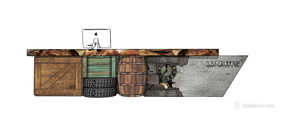 Vintage Reception Desk with Wooden Barrel Tires Crate and Clock Rustic Industrial Style 3d model 