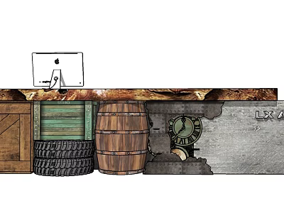 Vintage Reception Desk with Wooden Barrel Tires Crate and Clock Rustic Industrial Style 3d model