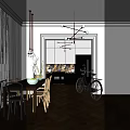 Modern Restaurant Interior With Wooden Table Chairs Hanging Lights Marble Backsplash And Bicycle Decor