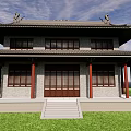 Ancient Chinese Architecture With Curved Eaves Black Tiled Roof Red Pillars Green Grass And Trees