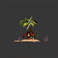 Red Clothed Pirate Bird Creature Standing On Tropical Island With Palm Tree And Blue Water