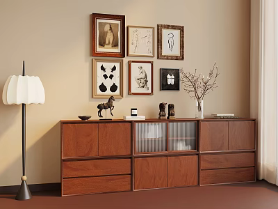 Elegant Interior Decor With Wooden Cabinet Framed Artworks Floor Lamp And Decorative Items 3d model