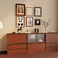Elegant Interior Decor With Wooden Cabinet Framed Artworks Floor Lamp And Decorative Items