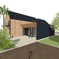Modern Detached Villa With Wooden Exterior Glass Doors Palm Trees And Brick Pathway