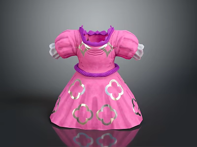 Pink Princess Dress With Purple Trim And Silver Clover Patterns Puffed Sleeves 3d model