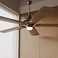 Modern Ceiling Fan With Wooden Blades Light And Wooden Wall Window Blinds