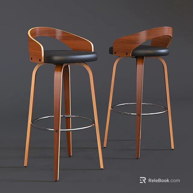 Stylish Modern Bar Stool With Wooden Frame Black Leather Seat And Metal Footrest 3d model 